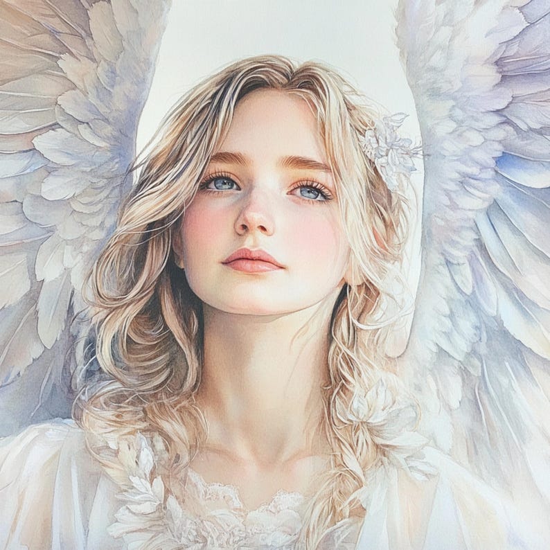 May include: A woman with long, flowing blonde hair is depicted with large, white angel wings. She has a soft, ethereal look with delicate features and a gentle expression. The image is painted in a watercolor style, creating a dreamy and romantic atmosphere.