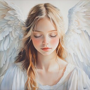 May include: A painting of a woman with long blonde hair and closed eyes. She is wearing a white dress and has large white wings behind her.