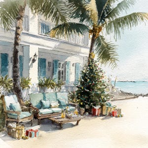May include: Watercolor painting of a tropical Christmas scene. A white house with blue shutters and a decorated Christmas tree on a sandy beach. Presents are under the tree and near outdoor furniture.