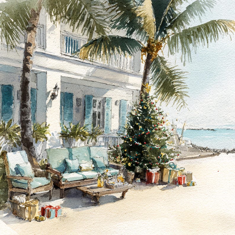 May include: Watercolor painting of a tropical Christmas scene. A white house with blue shutters and a decorated Christmas tree on a sandy beach. Presents are under the tree and near outdoor furniture.