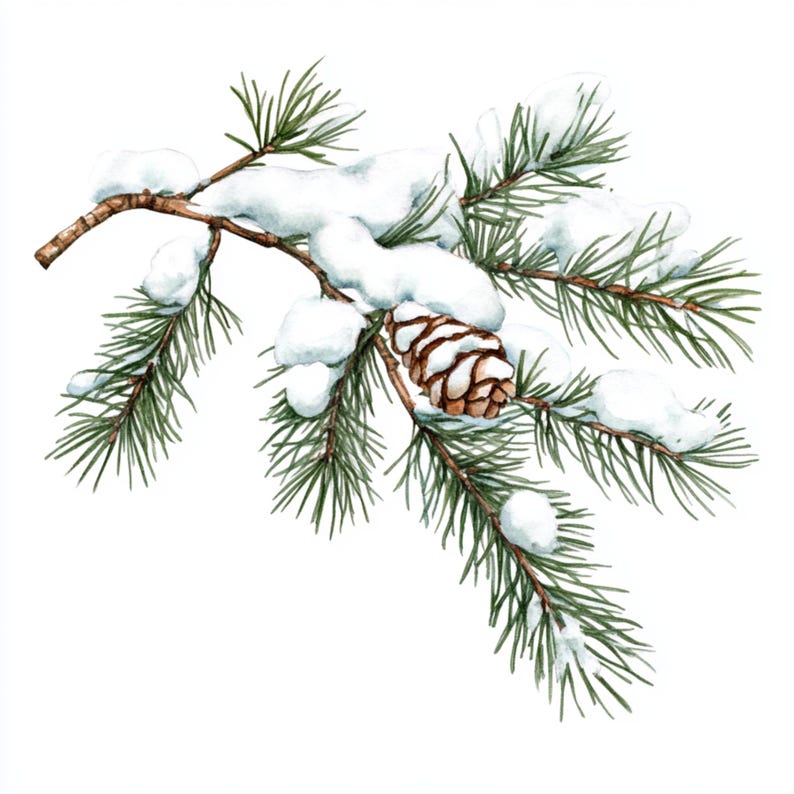 May include: A snowy pine branch with a brown pine cone. The branch is covered in white snow and the pine cone is partially covered in snow.