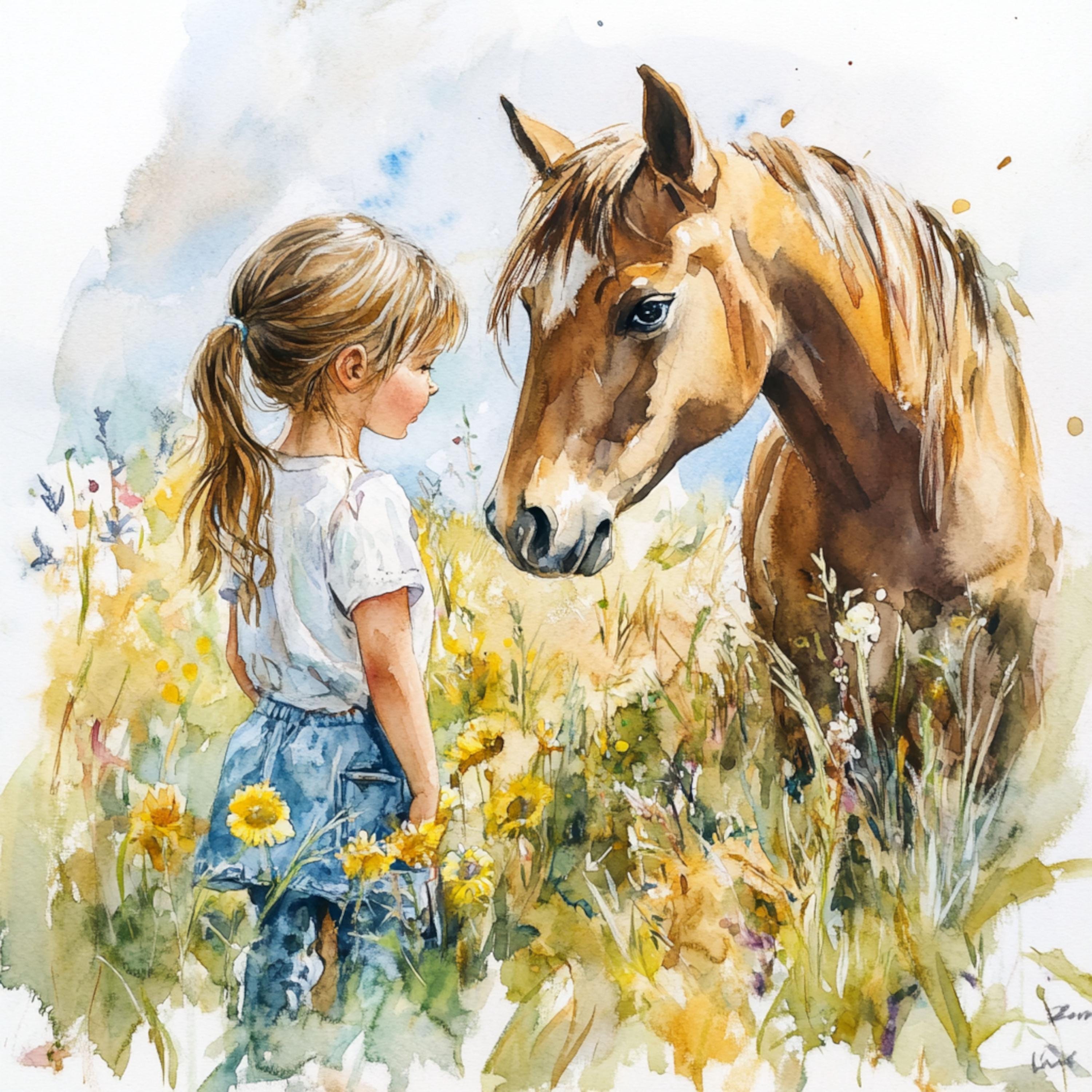 印刷可能な小さな女の子と馬、水彩画の女の子とポニーのアート、水彩画