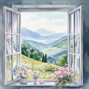 Fenêtre de montagne printanière imprimable, décoration de Pâques, aquarelle, paysage floral, carte de voeux florale, art floral fenêtre ouverte