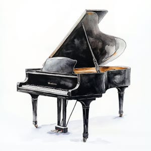 Pu&ograve; includere: Dipinto ad acquerello di un pianoforte a coda nero con il coperchio aperto. Il pianoforte ha una finitura lucida, tasti bianchi e il nome "Montina" &egrave; visibile sul davanti. Le gambe sono nere e l'interno &egrave; di un caldo colore oro.