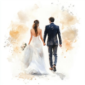 Afdrukbaar bruidspaar, bruidspaar wandelen, aquarel clipart, hoge kwaliteit jpg's, digitale download, liefdespaar aquarel