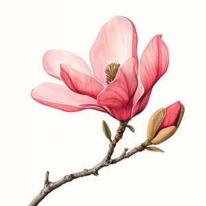 May include: A single pink magnolia flower with a closed bud on a branch. The flower has a delicate, layered appearance with a pink and white color gradient.