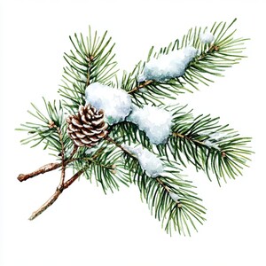 May include: A snowy pine branch with a brown pine cone. The branch is green and the snow is white.
