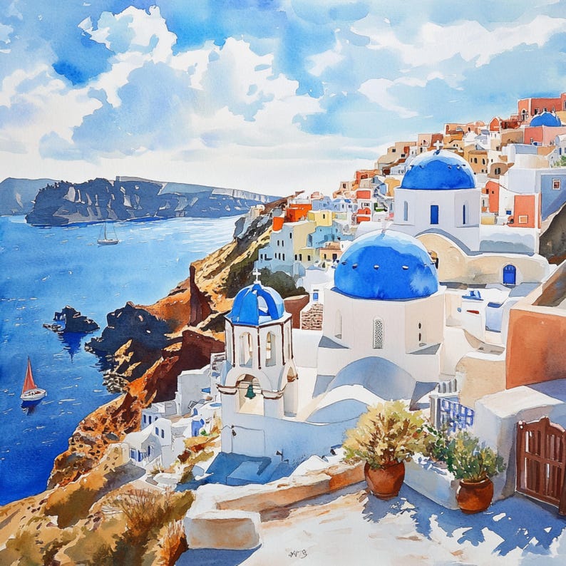 May include: A watercolor painting of a white and blue church with a blue dome on a cliff overlooking a blue ocean. The church is surrounded by other buildings and trees. The sky is blue with white clouds.