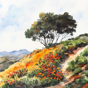 Printable California landscape art, California art, Mountain landscape art, Watercolor landscape Clip Art, California landscape print