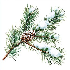 May include: A watercolor painting of a pine branch with a pine cone and snow on it. The branch is green and the pine cone is brown. The snow is white.