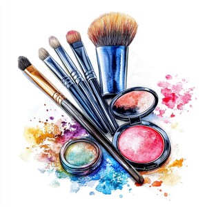 Könnte beinhalten: Aquarellillustration von Make-up-Pinseln und Kosmetika. Das Bild zeigt einen großen Puderpinsel, mehrere kleinere Pinsel, ein Rouge-Etui und einen kleinen Behälter mit Lidschatten. Der Hintergrund hat farbenfrohe Aquarellfarbspritzer.