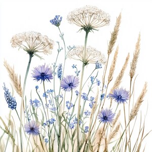 10 druckbare Wildblumen, Aquarell weiß blaue Wildblumen, Wildblumen ClipArt, Cartoon Wiese Blumen Design