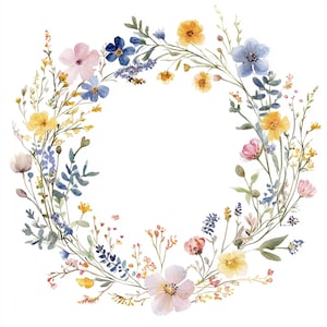 Puede incluir: Corona floral de acuarela con una variedad de flores silvestres en tonos amarillos, azules, rosas y morados. Las flores están dispuestas en un patrón circular, creando un diseño delicado y natural. Ideal para invitaciones, tarjetas o arte mural.