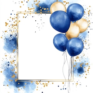 10 Printable Blue White Balloons Frame, Watercolor Party Ballons, Blue Birthday Balloons, pastel gift card, Blue and White Balloons Frames