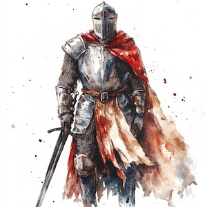 Pode incluir: Ilustração em aquarela de um cavaleiro medieval em armadura completa, incluindo capacete, cota de malha e armadura de placas. O cavaleiro usa uma capa vermelha e segura uma espada. A obra de arte tem um estilo pictórico texturizado com respingos de aquarela.