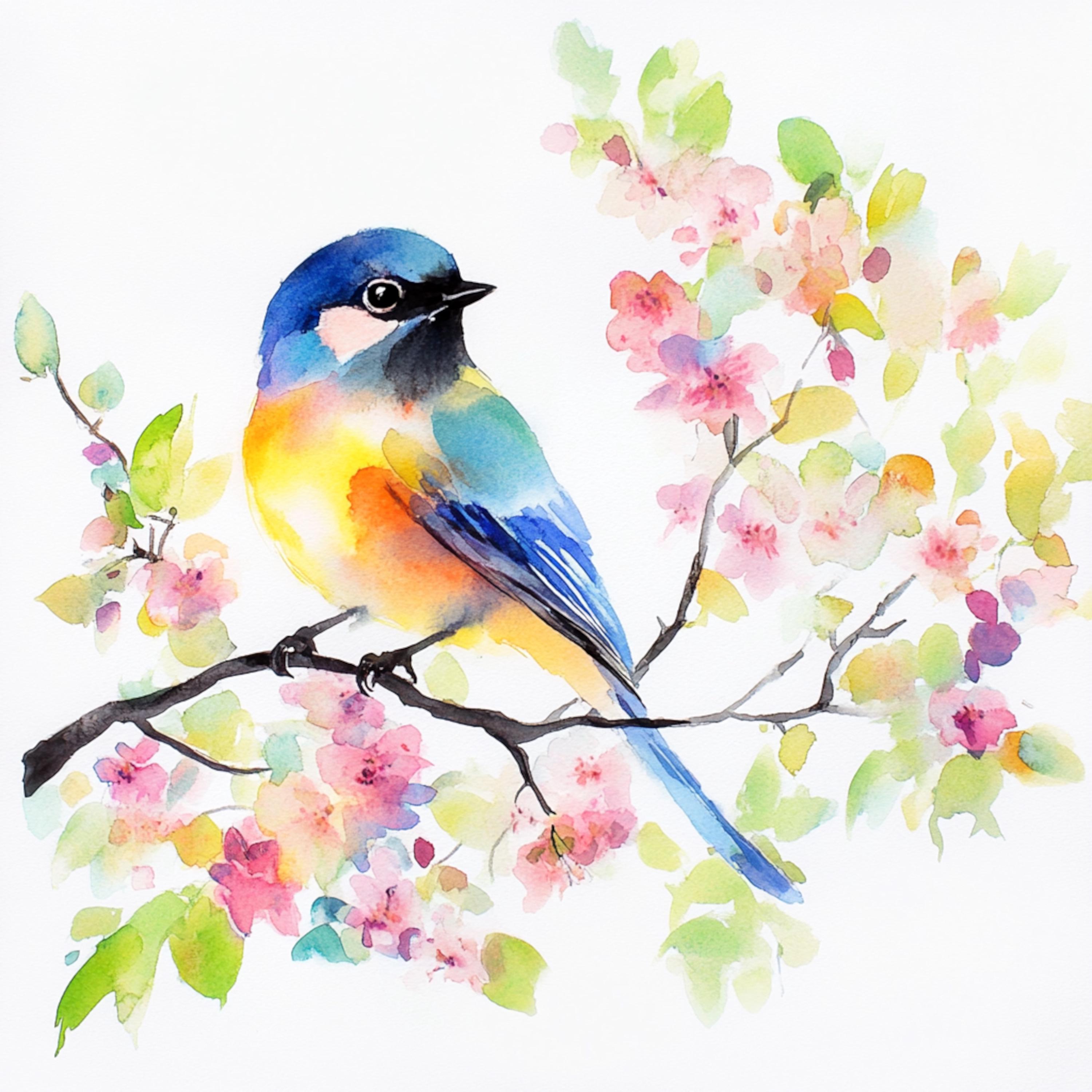 10 Printable Floral Birds, watercolor spring birds, bird on blossom branch, Sakura clipart, DIY gift card
