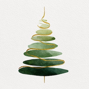 Peut inclure: Illustration à l'aquarelle d'un sapin de Noël. L'arbre est composé de formes ovales vertes superposées, avec un accent en spirale doré. Le fond est blanc texturé.