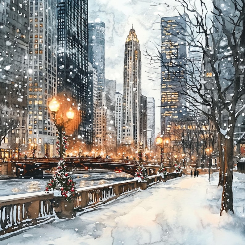 Christmas Chicago Card, Printable Watercolor Chicago, Christmas Card ...