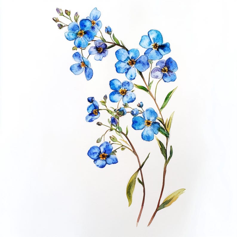 K&ouml;nnte beinhalten: Aquarellmalerei eines Strau&szlig;es blauer Vergissmeinnicht-Blumen mit gr&uuml;nen Stielen und Bl&auml;ttern auf wei&szlig;em Hintergrund.