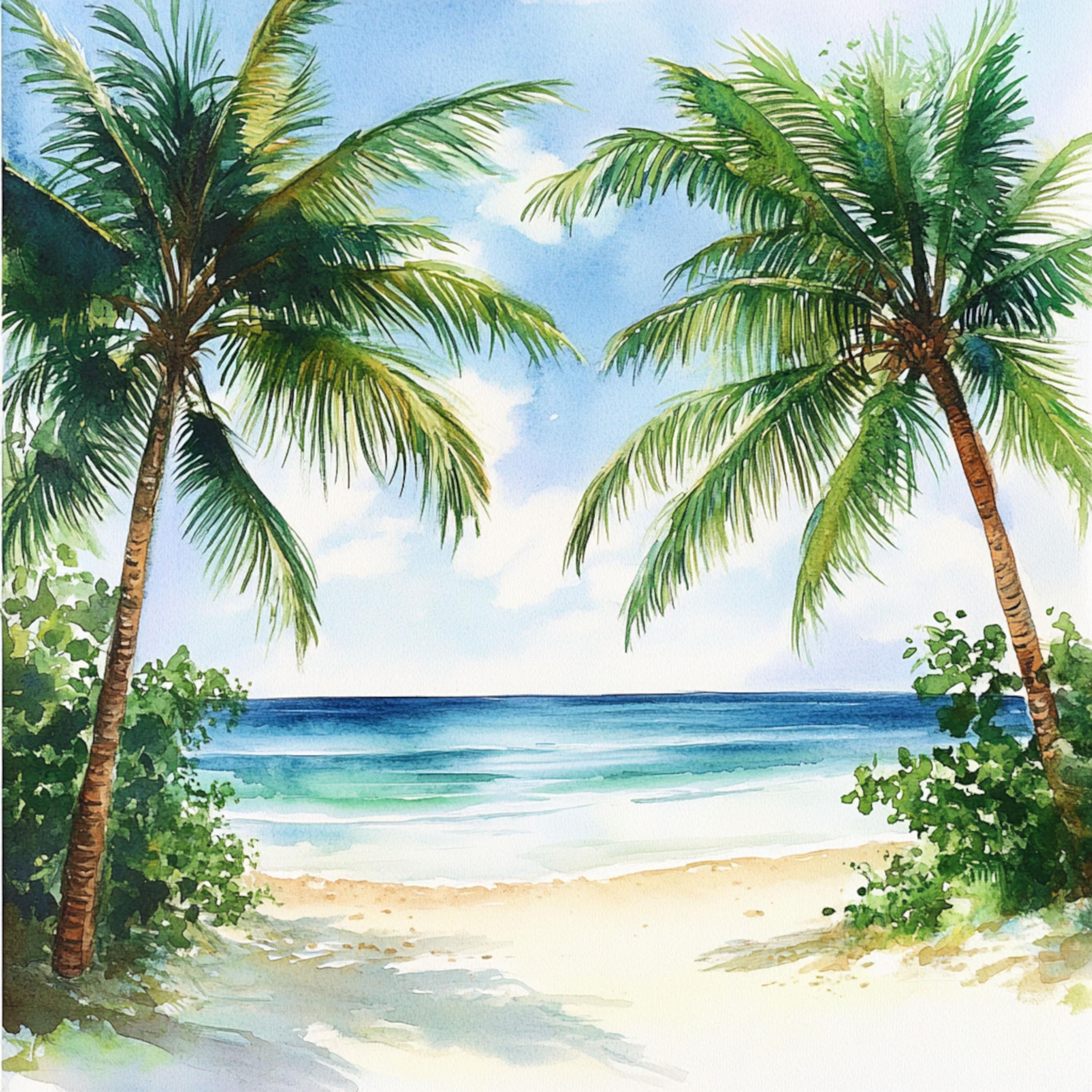 10 Printable tropical landscape, tropical beach watercolor art, Palm beach print, tropical beach scenery, tropical art