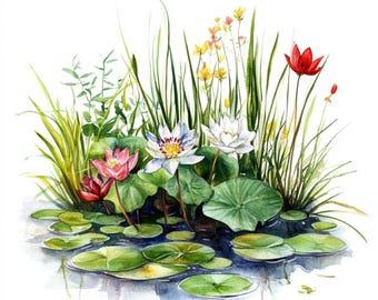 池の野生の花10枚（印刷可能）、水彩画の草原の池、野生の花の植物