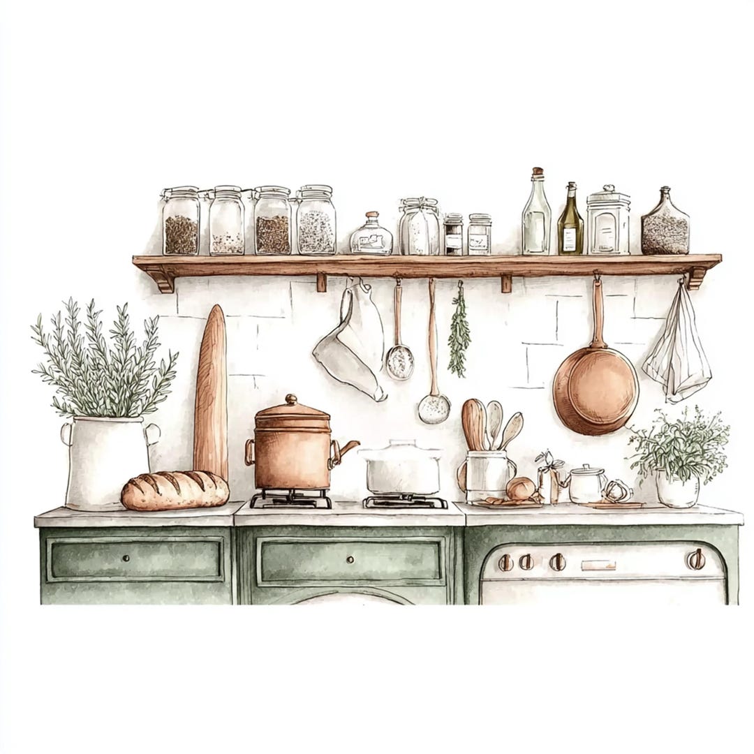 12 Printable Kitchen, Watercolor Art, Beautiful Kitchen Clip Art ...