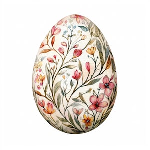 May include: A white Easter egg decorated with a watercolour floral pattern. The egg is covered in pink, yellow, and green flowers and leaves.