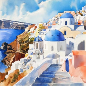 May include: A watercolor painting of a white building with blue domed roofs in a village setting. The building is on a hillside overlooking a blue body of water. The sky is blue with white clouds.