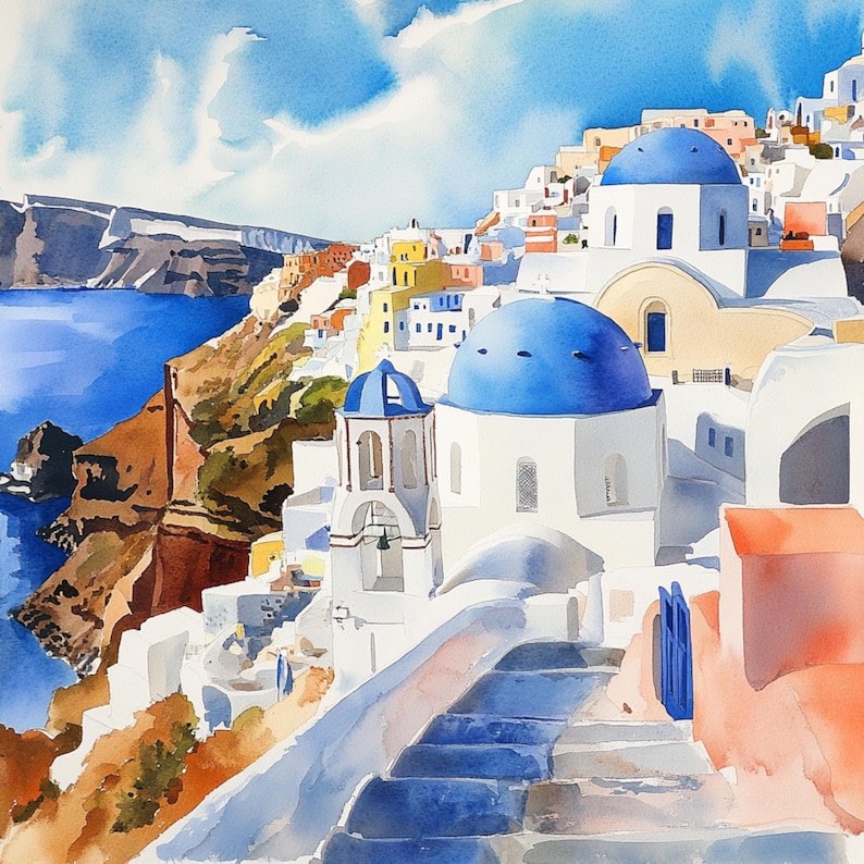 May include: A watercolor painting of a white building with blue domed roofs in a village setting. The building is on a hillside overlooking a blue body of water. The sky is blue with white clouds.