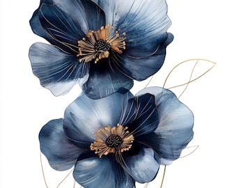 10 Printable abstract dark flowers, watercolor dark color flowers Clip Art, Commercial Use, dark flowers with gold line, Black flowers