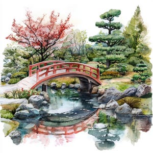 10 Printable Japanese Garden, Watercolor Garden, Sakura Park print, Japanese style, Commercial Use, Park landscape art