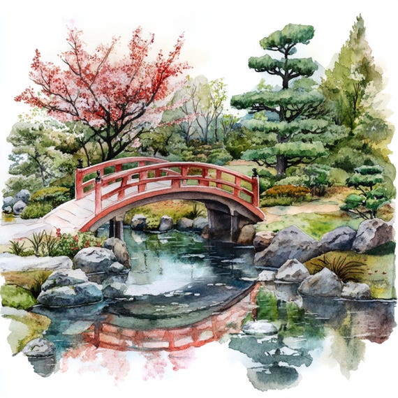 10 印刷可能な日本庭園、水彩画の庭園、桜公園のプリント、和風、商業