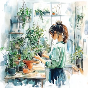 10 imprimables femmes prennent soin des plantes, Clipart jardinage aquarelle, impression d'amant de plantes, conception de papier, carte d'amant de jardin, aquarelle de soin des plantes