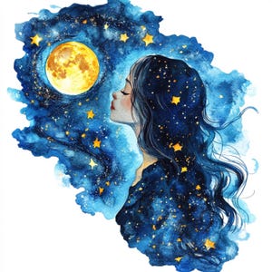Ragazza e universo stampabili, arte della ragazza magica ad acquerello, clipart ad acquerello, JPG stampabile, commerciale, design della carta, ragazza sognante