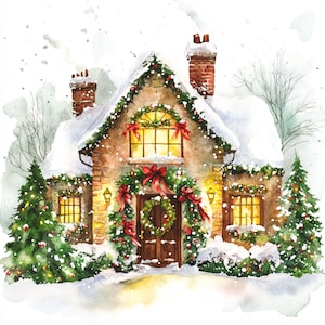Weihnachten Haus Druck, Weihnachtskarte Kunst, Haus, druckbare Aquarell Clipart, hohe Qualität, Digital Holliday dekoriert Haus, Papiermodelle