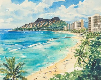 印刷可能なハワイの風景写真10枚、ハワイのビーチの水彩画、ホノルルの