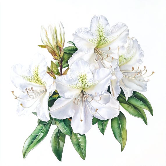 10枚の印刷可能なツツジの水彩画、白いシャクナゲ、水彩画の花、白い