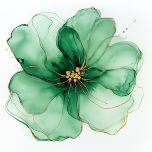 10 Printable abstract flowers, watercolor dark green flower, transparent flowers Clipart, green flowers with gold line, Paper craft