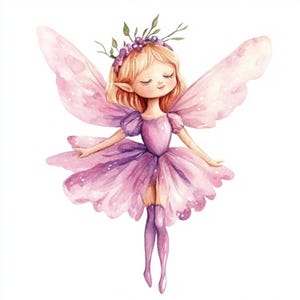 Puede incluir: Una pintura de acuarela de un hada con alas rosadas, un vestido morado y una corona de flores. Tiene el pelo rubio y los ojos cerrados.