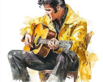 10 Printable Watercolor Elvis Presley, Iconic Music Legend Illustration Watercolor clipart, Digital download, Presley with guiter