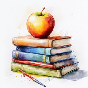 May include: A stack of five colourful books with a red apple on top. A paintbrush is lying on the table in front of the books.