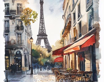 May include: Watercolor painting of a Parisian street scene featuring the Eiffel Tower in the background. Buildings with balconies and red awnings line the cobblestone street. Tables and chairs are set up outside a cafe.