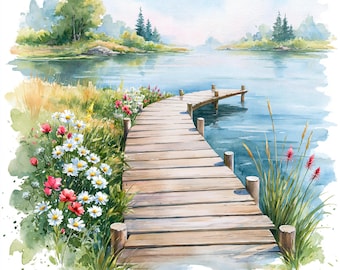 12 Printable Boardwalk on lake, watercolor lake landscape, Commercial use, Boardwalk on beautiful lake, Boardwalk with wildflower on bank