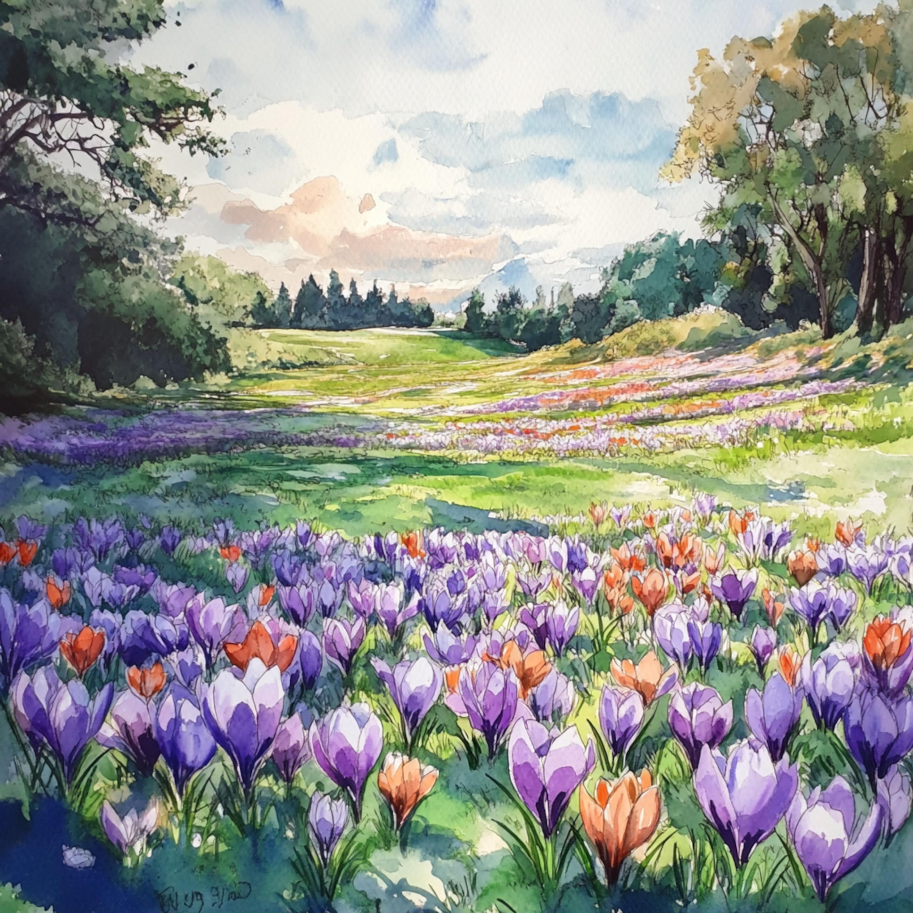 印刷可能なクロッカス草原の風景、水彩画のクロッカス畑、野生の花の