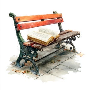 10 Printable bench with book, watercolor bench, reading bench art, bench print, Minimalist Watercolor Clipart, Commersial Use