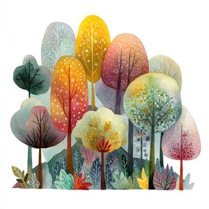 Puede incluir: Ilustración en acuarela de un grupo de árboles estilizados en varios colores. Los árboles tienen copas redondeadas en tonos de amarillo, naranja, rosa, verde y morado. La imagen tiene un estilo caprichoso y artístico, sobre fondo blanco.