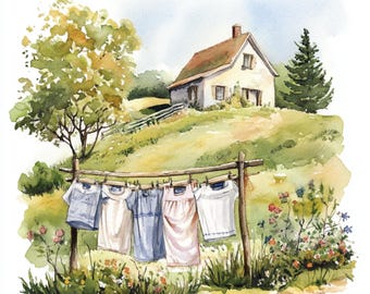 10 Printable Farm laundry, Watercolor Farm Landscape, Countryside laundry day, Paper craft, green landscape, Commercial use, Digital images
