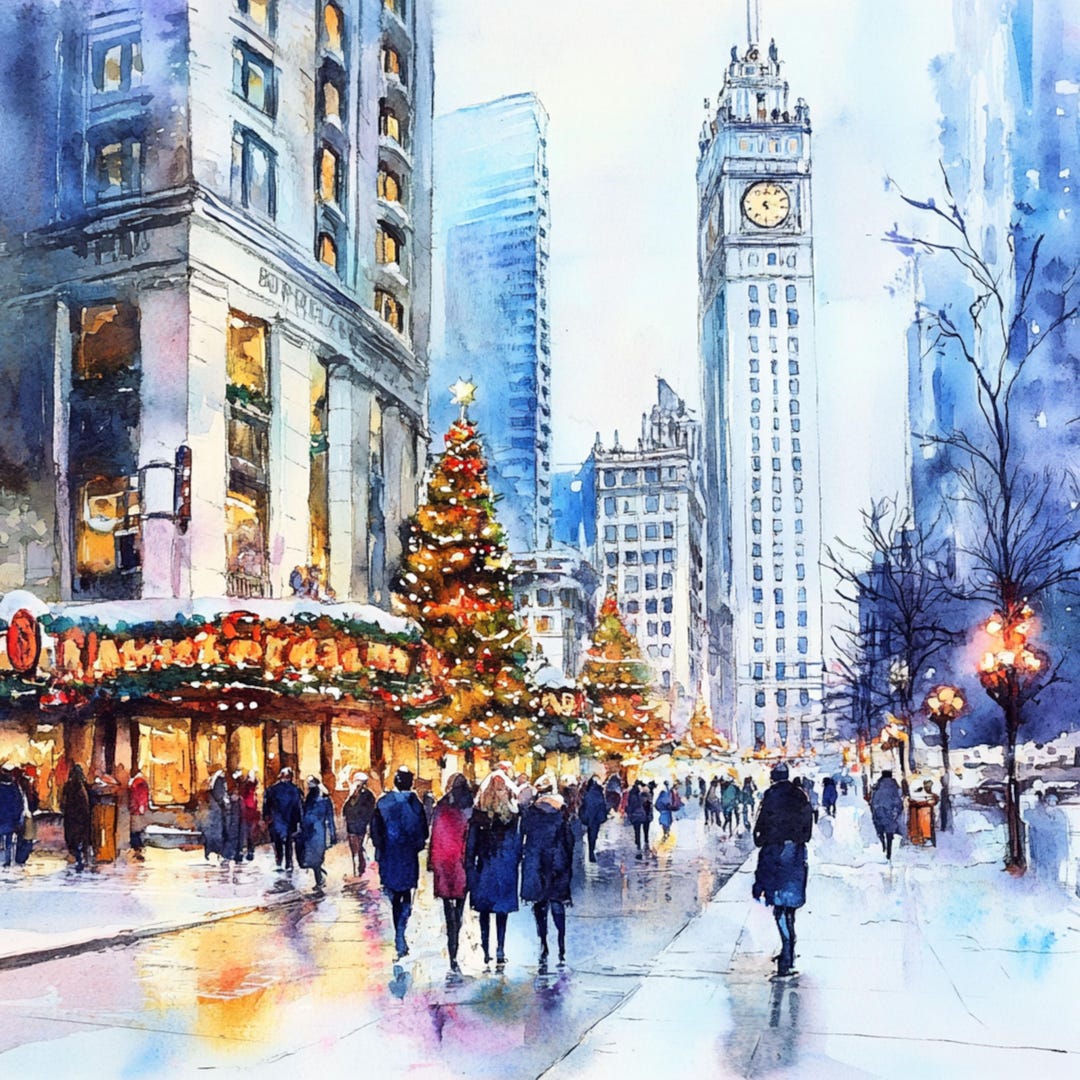 Christmas Chicago Card, Printable Watercolor Chicago, Christmas Card ...