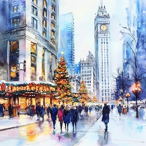 Cartão de Natal Chicago, Aquarela para impressão Chicago, Cartão de Natal, 10 Clip Art, Clip Art Chicago, Uso comercial, Inverno Chicago City