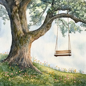 May include: A watercolor painting of a large oak tree with a wooden swing hanging from a branch. The swing is empty and the tree is surrounded by green grass and small pink and yellow flowers.